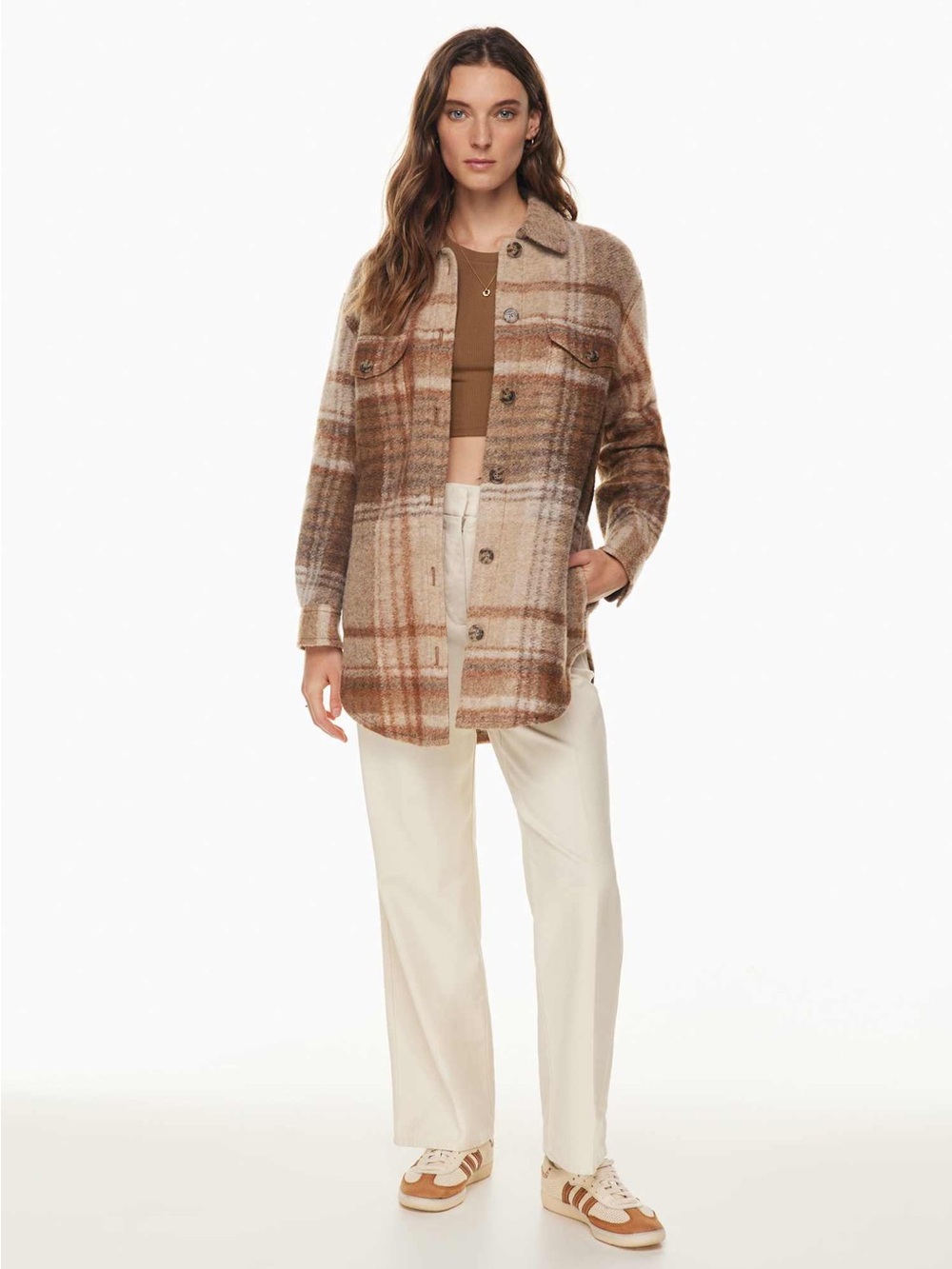 Aritzia Wilfred Free The Ganna Shirt Jacket Plaid Wool Shacket Brown Beige Size